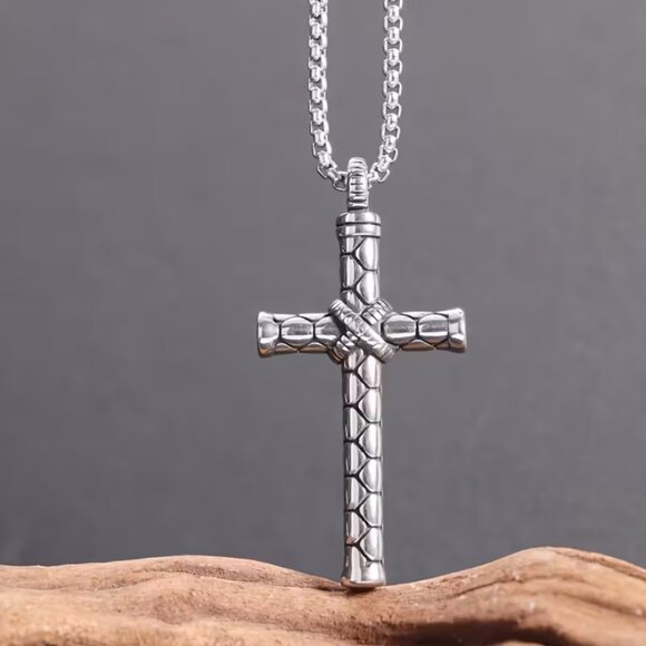 24" Mens 14K White Gold Large Cross Pendant Necklace Silver Bike Chain Jewelry - Picture 7 of 9